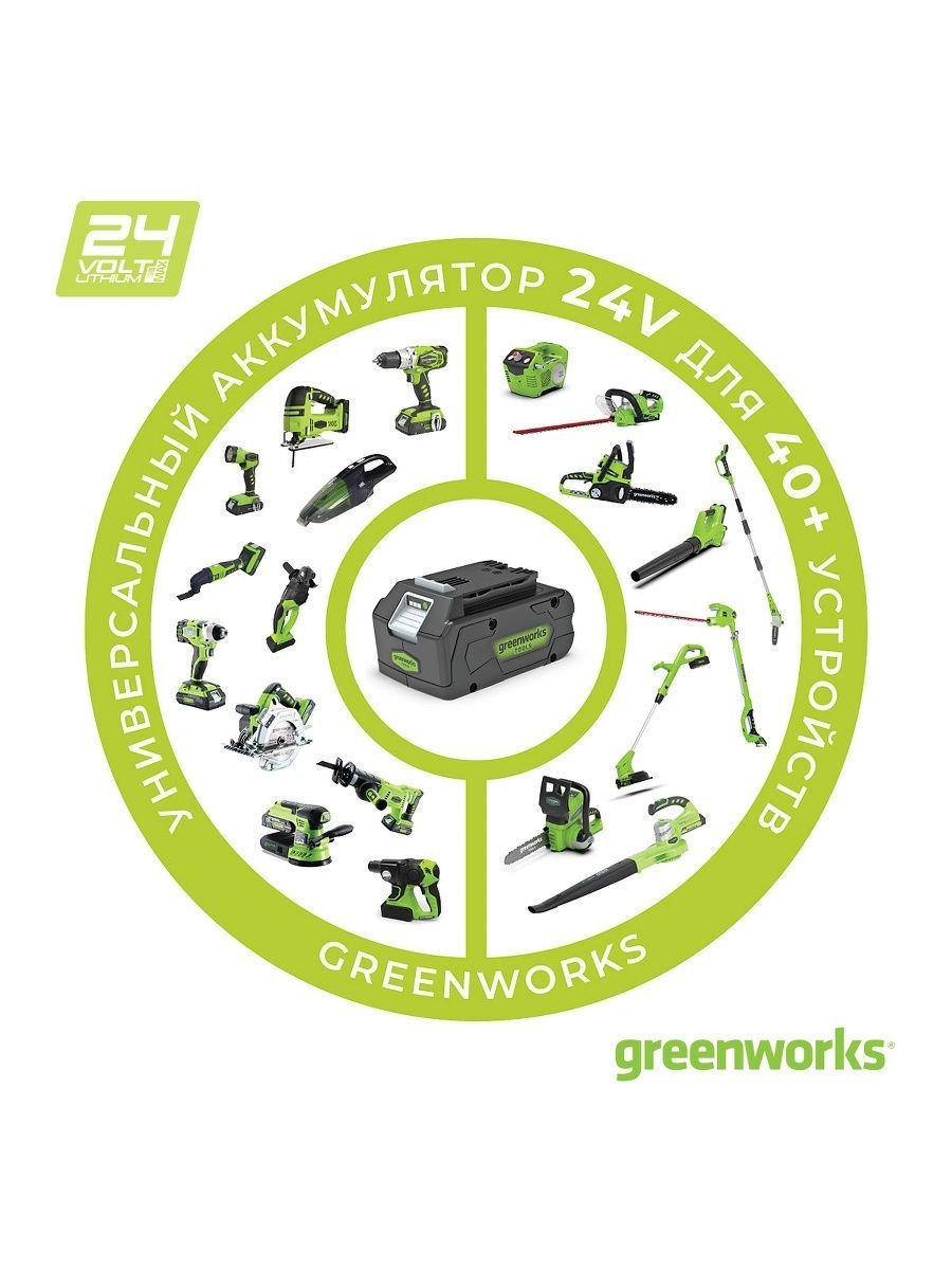 Триммер аккумуляторный Greenworks, 24 V, 25 см, с АКБ 2АЧ и ЗУ