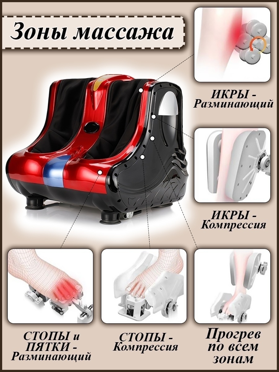 Лимфодренажный массажер для стоп ног, ступней, икр, мышц, с компрессией, с ИК прогревом, шиацу