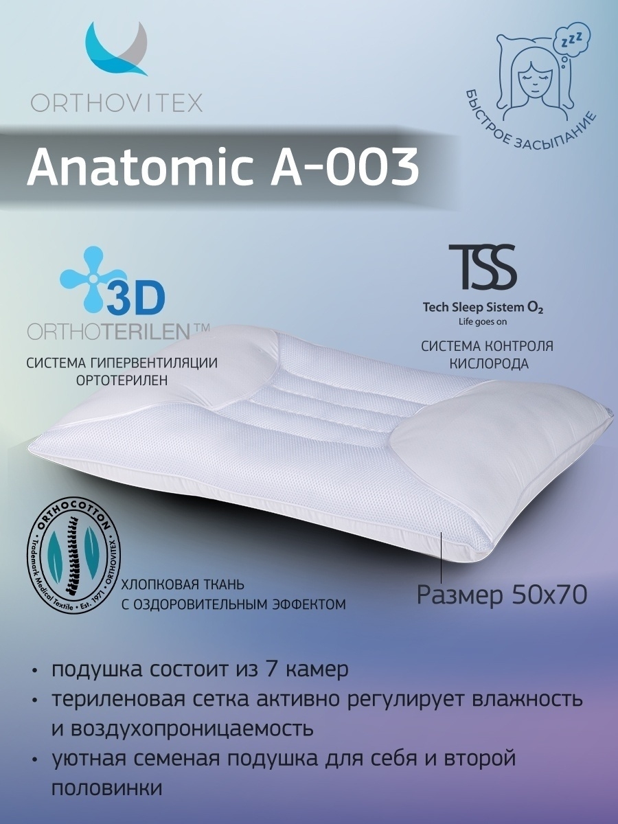 Подушка для сна 50х70 под шею, голову и спину, ортопедическая, анатомическая, массажная, антистресс
